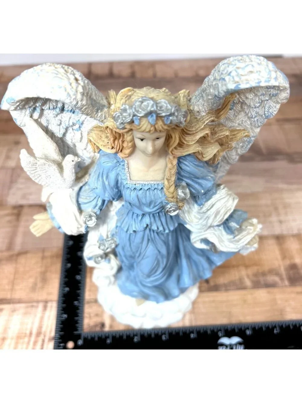Christmas Angel Figurine With Dove & Flowers In Blue Dress